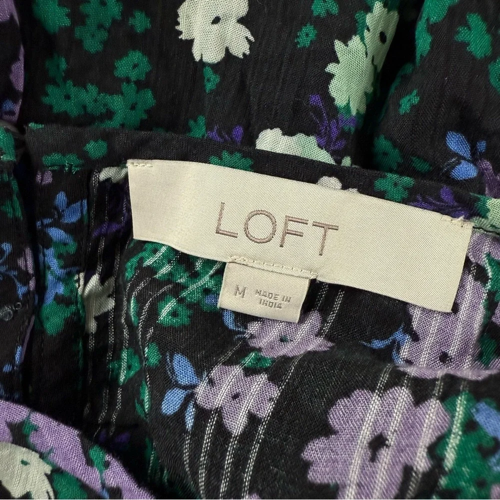 Loft Puff Sleeve Top Womens Medium Black Purple Green Floral Flower Blouse Shirt